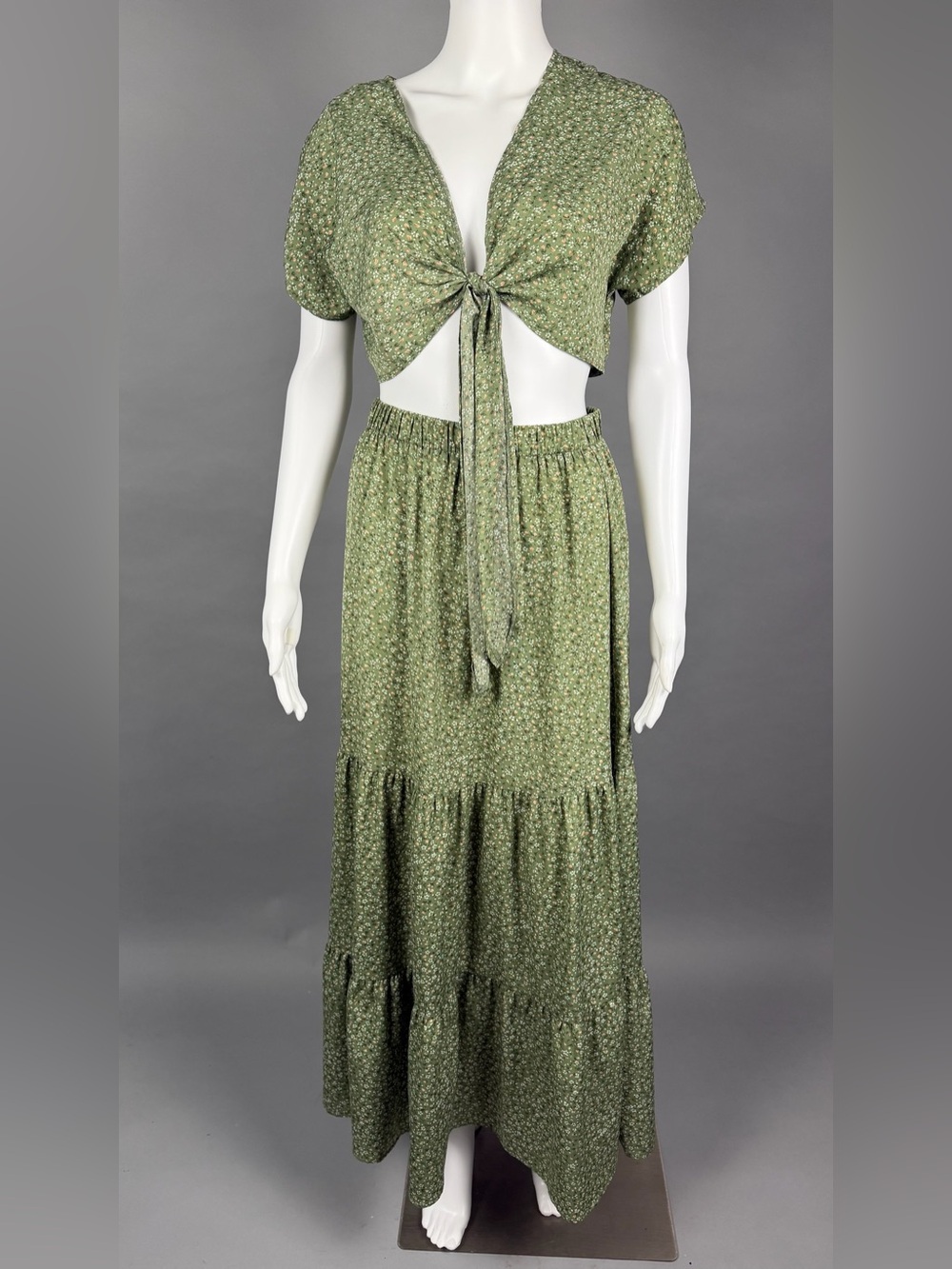 SHEIN Olive Green Floral Tie-Front Maxi Dress